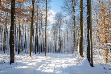 Canvas Print - Snowy Forest Path with Tall Trees and Sunlight Streaming Through the Canopy