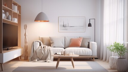 A cozy and modern living room features a glowing hanging lamp, plush white sofa, throw blanket, and art, creating an inviting and serene ambiance.