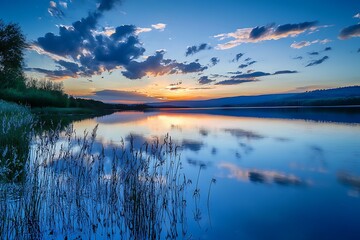 Wall Mural - Sunset over Calm Lake with Grass and Reflection of Clouds in Water