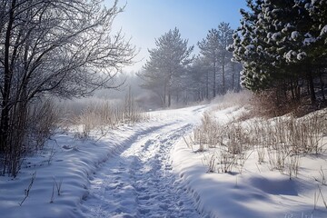 Poster - Snowy path through winter forest with bright blue sky and sunshine