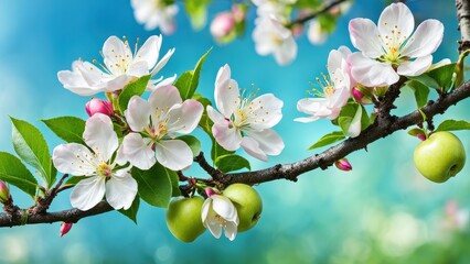 A vibrant branch of apple blossoms and green apples against a soft blue background.