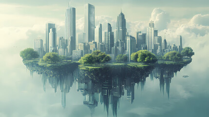 Fantasy city with skyscrapers and green trees floating in the water. Floating City. Illustration