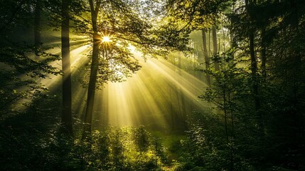 Sticker - Sunlight Beams Through Dense Forest Canopy