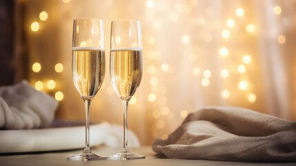 two glasses of champagne in an intimate room illuminate a scene of celebration and elegance.