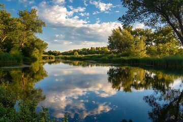 Sticker - Peaceful Summer Landscape with River, Green Trees, and Blue Sky with Clouds Reflection