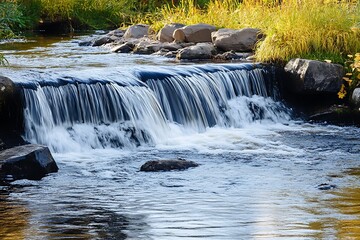 Sticker - Small waterfall on a river flowing over rocks, beautiful natural landscape