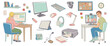 © alessia - School-age boy and girl sitting at a computer and set elements about online learning - keyboard, printer, camera, microphone, tablet, stylus,screen, mouse computer