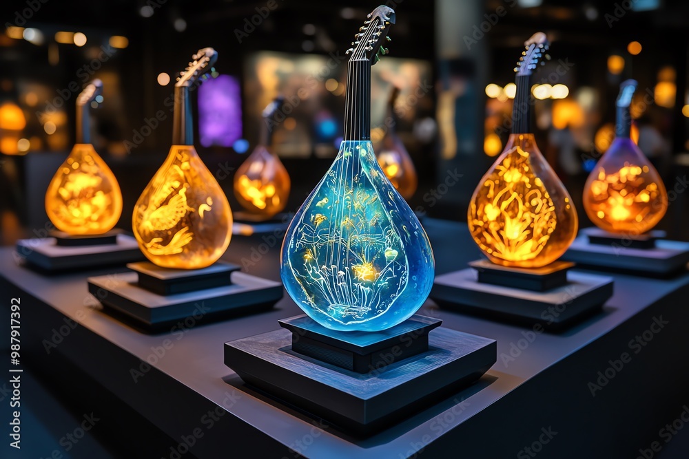 Fantasy music artifact display, with enchanted instruments and glowing ...