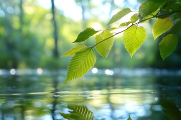 Sticker - Green Leaves Branch Over Calm Water, Sunny Day Nature Photo