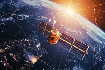 Fototapete - A satellite orbits Earth, highlighting global communication and digital connectivity through intricate network connections in a futuristic space environment.