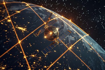 Fototapete - A satellite orbits Earth, highlighting global communication and digital connectivity through intricate network connections in a futuristic space environment.