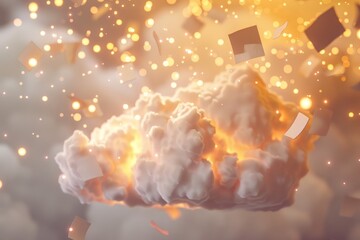 Aufkleber - A glowing cloud surrounded by floating paper fragments in a surreal, minimalistic design, evoking a sense of creativity, innovation, and abstract visual art.