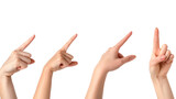 Four female hand touching or pointing to something, diffrent pointing style set isolated on transparent background, cut out png