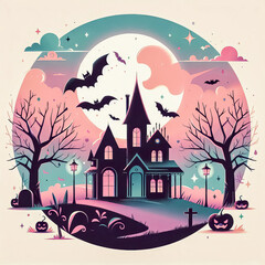 Halloween theme. Haunted house on a hill with moon and bats