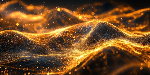 Fototapete - Radiant clusters of orange particles dance fluidly against a deep black background, forming a dynamic wave that exudes energy and artistic brilliance, captivating the viewer's imagination.