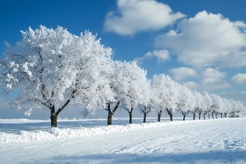 Poster - Winter wonderland,  Snow covered trees line a snowy road under a blue sky with fluffy clouds