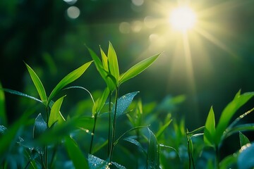 Sticker - Green Leaves Sunlight Background, Nature Growth, Fresh Spring Plants