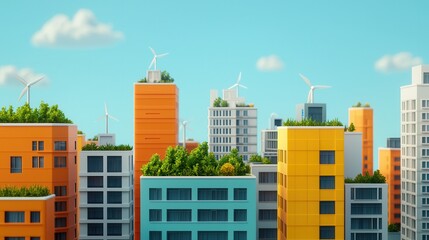 A vibrant urban landscape featuring colorful buildings adorned with greenery and wind turbines under a clear blue sky.