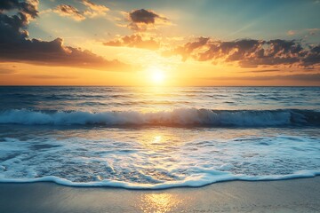 Poster - Golden Sunset Over Ocean with Waves Crashing on Sandy Beach