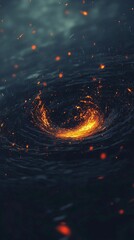 Fototapete - intriguing display of orange particles converges and spirals into a vortex, radiating a brilliant glow from the center against a deep black background, evoking a sense of energy and movement.