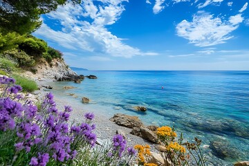 Poster - Tranquil Coastal Landscape with Lush Lavender Flowers and Blue Sky