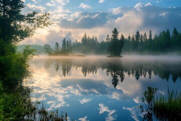 Canvas Print - Sunrise Over Foggy Lake and Trees