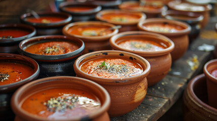 Handcrafted ceramic bowls of roasted red pepper soup. Artisan pottery studio backdrop. 