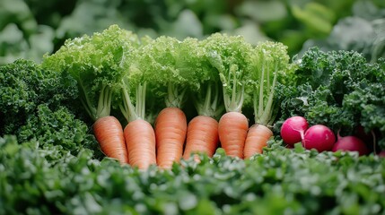 Wall Mural -  Fresh carrots and radishes nestled between leafy greens, symbolizing vibrant farm-to-table produce, health, and sustainable farming.