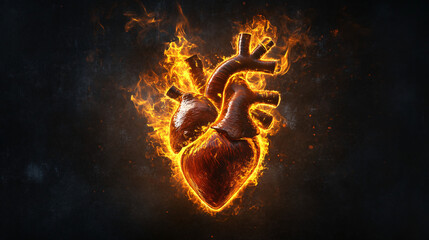 Heart. Human heart as a phoenix rising from flames. Dark backdrop. Rebirth and resilience. Ethical issues in regenerative medicine. 