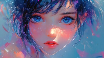 A captivating portrait of a girl with mesmerizing blue eyes and vibrant hair, blending beauty with artistic flair.