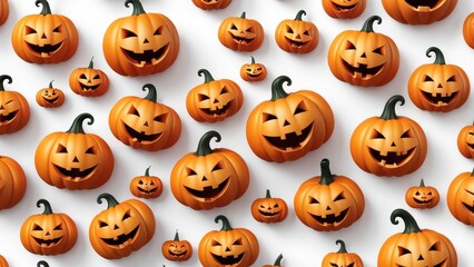 A vibrant pattern of smiling Halloween pumpkins on a white background.