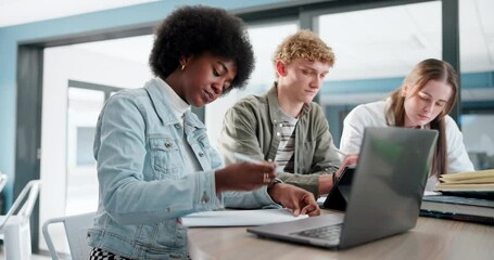 Aufkleber - Education, laptop and thinking with student friends in library of college or university together. Computer, diversity and problem solving with people on school campus for development or study group