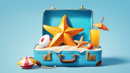 A vibrant suitcase filled with beach-themed items, including a starfish and a tropical drink.