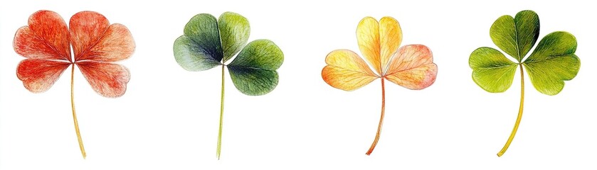 A beautiful collection of four vibrant clover leaves showcasing seasonal color changes from red to green.