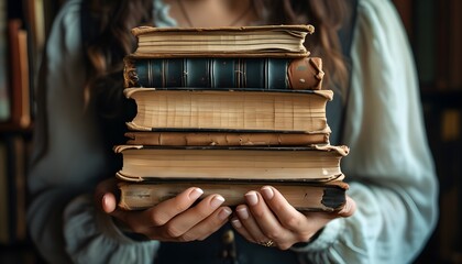 Delicate hands cradling a collection of treasured vintage books