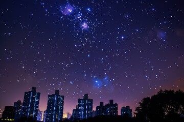 Wall Mural - a city skyline is lit up at night with a clear sky full of stars, generative ai image
