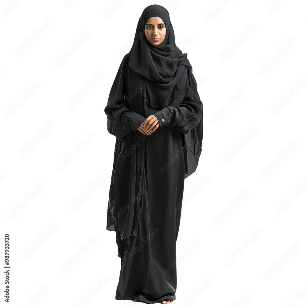 Young muslim woman wearing a black abaya and hijab is standing with her ...
