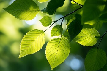 Canvas Print - Sunlight shining through vibrant green leaves on a tree branch