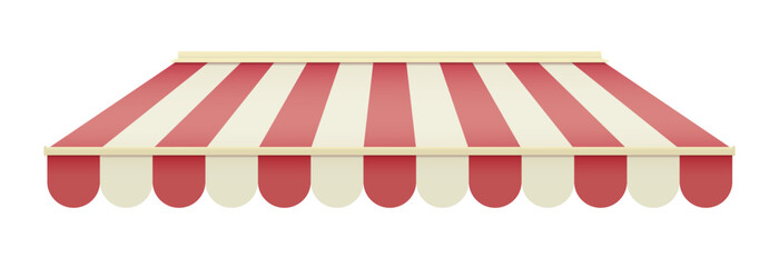 Striped awning for cafe. Striped shop canopy. Store or cafe sunshade awning.