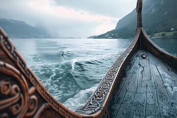 Close-up of a Viking shipa??s stern with detailed carvings, drifting through serene waters with the Norwegian coastline and gentle waves in the background