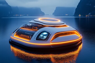 Aufkleber - Floating ocean lab, with sleek, modern architecture and glowing technology, conducting experiments on marine life