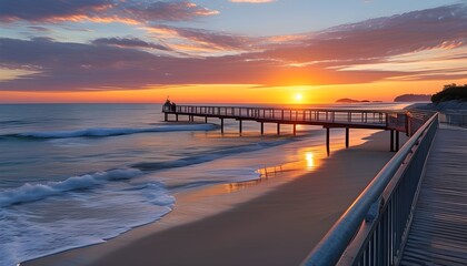 Serene beach footbridge bathed in sunrise light inviting relaxation and tranquility on vacation