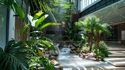 Lush Tropical Indoor Garden with Flowing Waterfall and Pathway