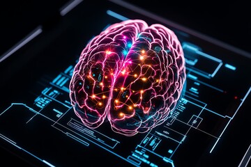 Poster - Futuristic brain scan with holographic overlays, showing neural activity, AI connections, and glowing medical data