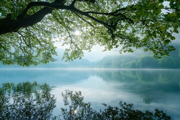 Sticker - Serene lake landscape with green trees and sun shining through the branches.