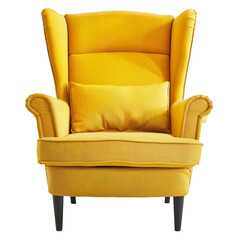 Poster - Yellow textile armchair with wooden legs and soft cushions isolated on white background