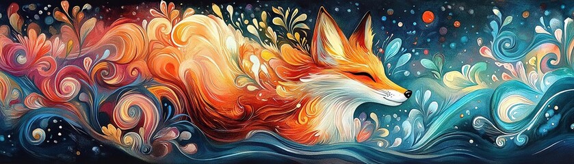 A vibrant and whimsical illustration of a fox swimming through colorful waves and floral patterns, showcasing nature's beauty.