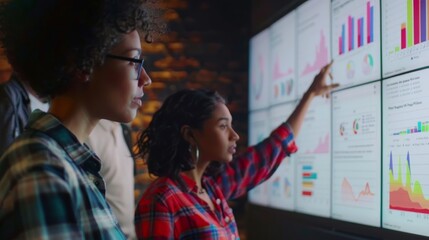 Two women, one Black and one biracial, analyze data on a large digital display.