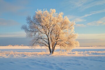 Solitary frosted tree in a snowy field under a blue sky