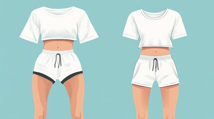 Wall Mural - Fashion flat templates for loungewear featuring a cropped t-shirt paired with high-waisted sporty shorts, designed for women's home, sleep, or sportswear